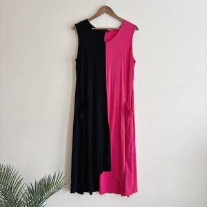 Lisa Bayne Black Pink Color Block Midi Asymmetrical Dress Large